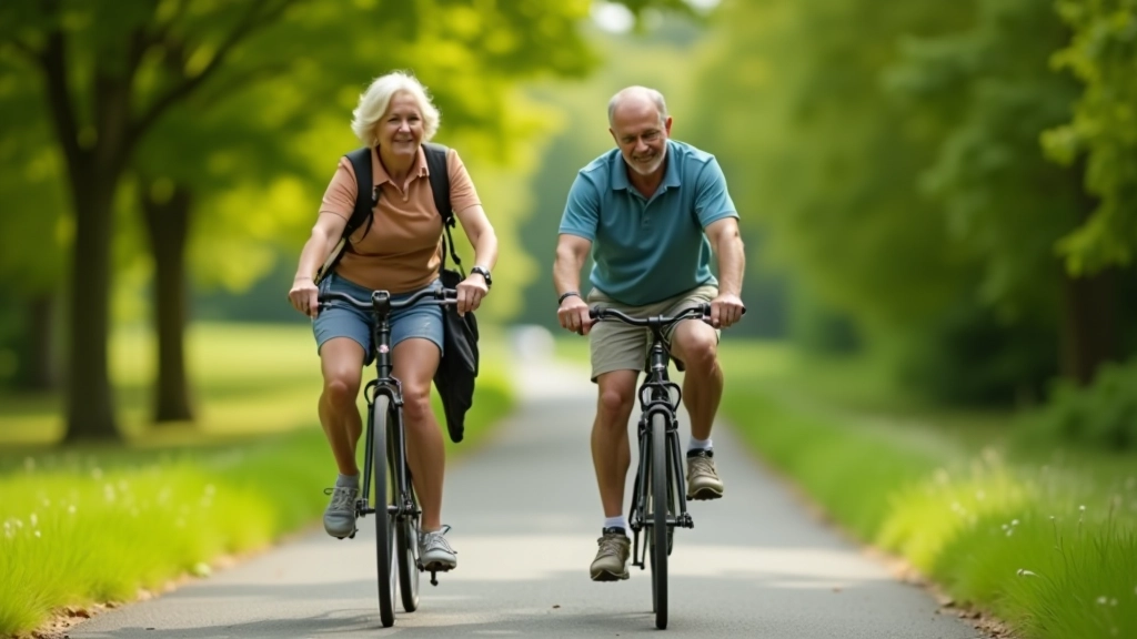 Older couple cycling on a flat, tree-lined greenway path with beautiful Irish countryside visible in the background
