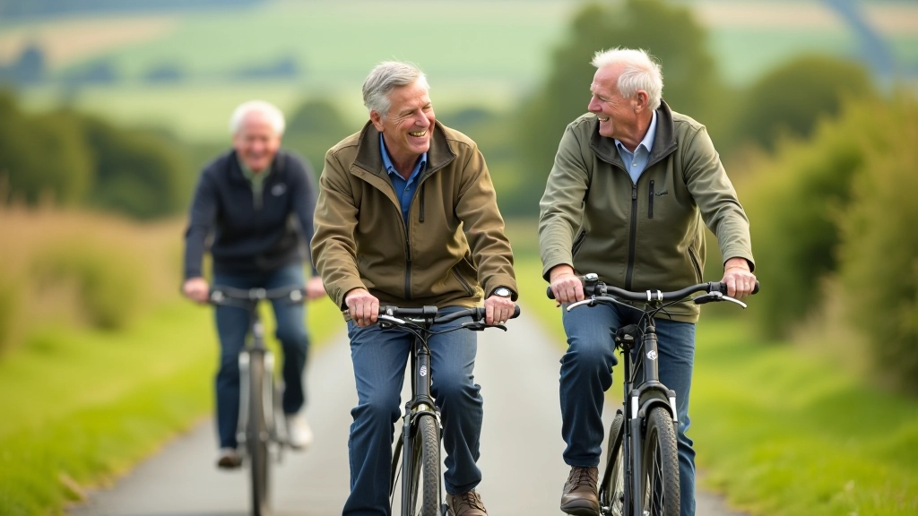 Group of mature adults enjoying a social cycling experience on a scenic Irish greenway, community and friendship