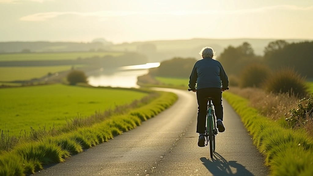 Paved cycling path beginning in Westport with river views and green countryside stretching ahead in morning light