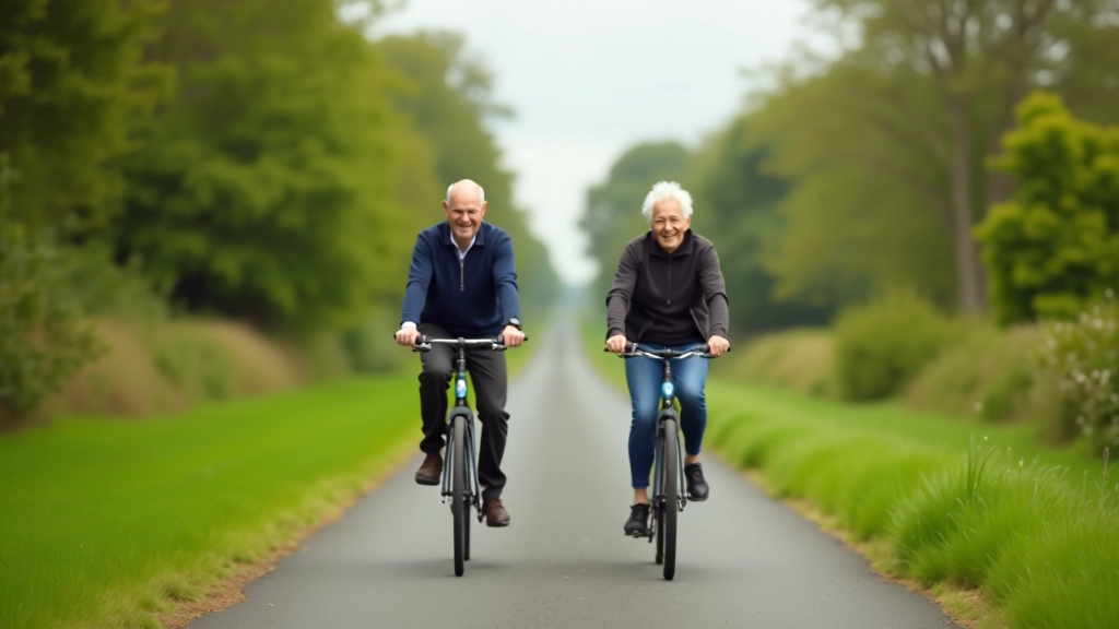 Senior cyclists enjoying a scenic, flat cycling route on a converted railway line in Ireland with lush green surroundings