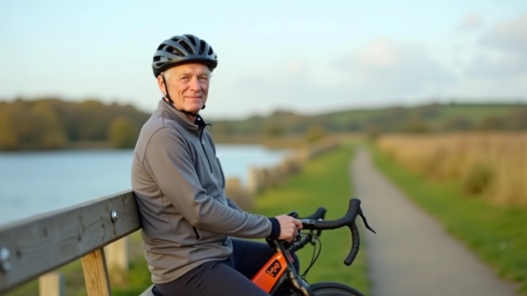 Senior cyclist resting on a bench beside the Old Rail Trail with views of water and rural landscape stretching behind them