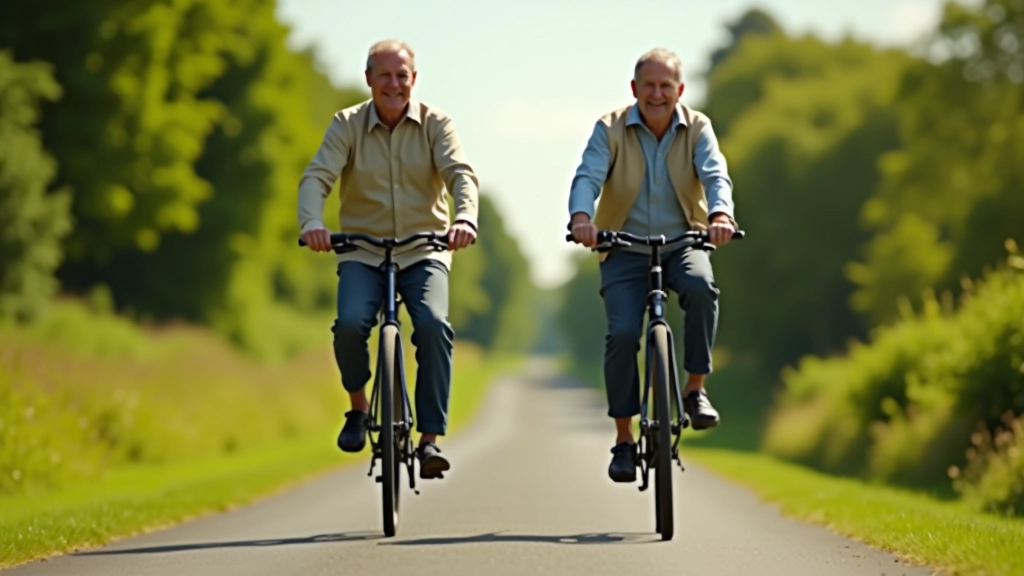 Two people of different ages cycling together on a paved greenway in good weather, both appearing relaxed and enjoying the pace